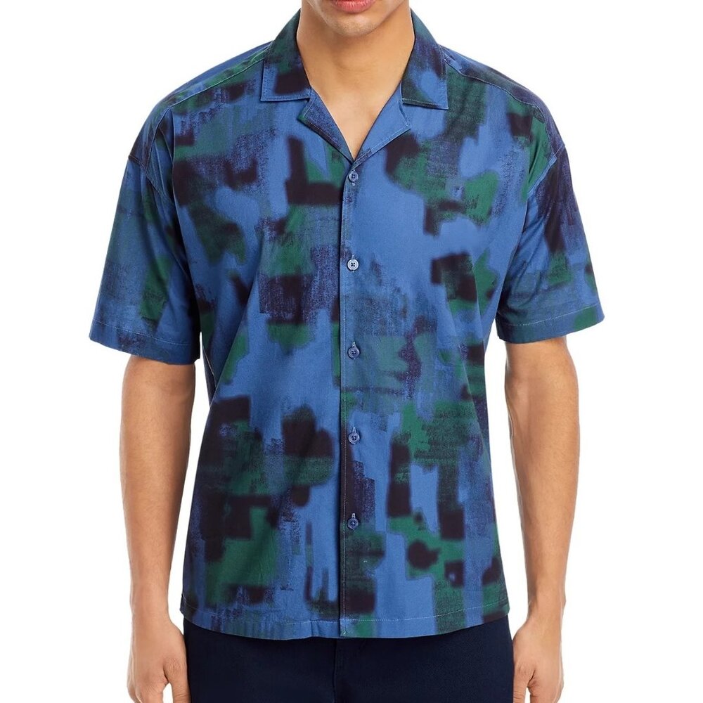 Hugo Boss Men's BOSS Drew Abstract Print Button SS Camp Shirt Relaxed Fit Blue